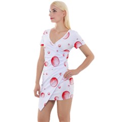 Red Drops On White Background Short Sleeve Asymmetric Mini Dress by SychEva