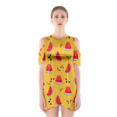 Slices Of Juicy Red Watermelon On A Yellow Background Shoulder Cutout One Piece Dress by SychEva