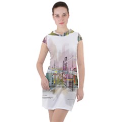 Drawing-watercolor-painting-city Drawstring Hooded Dress by Sudhe