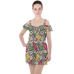 Leaves Foliage Batik Seamless Ruffle Cut Out Chiffon Playsuit by Amaryn4rt