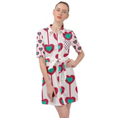 Red Hearts On A White Background Belted Shirt Dress by SychEva