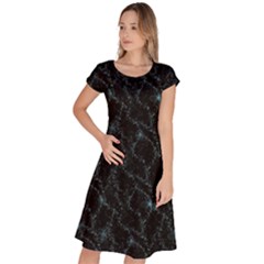 Turquoise Abstract Flowers With Splashes On A Dark Background  Abstract Print Classic Short Sleeve Dress by SychEva