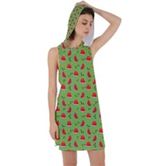 Juicy Slices Of Watermelon On A Green Background Racer Back Hoodie Dress by SychEva