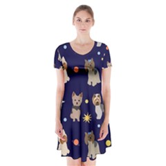 Terrier Cute Dog With Stars Sun And Moon Short Sleeve V-neck Flare Dress by SychEva