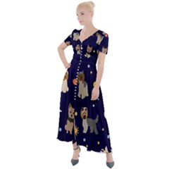 Terrier Cute Dog With Stars Sun And Moon Button Up Short Sleeve Maxi Dress by SychEva