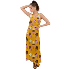 Ice Cream On An Orange Background Pattern                                                               V-neck Chiffon Maxi Dress by LalyLauraFLM