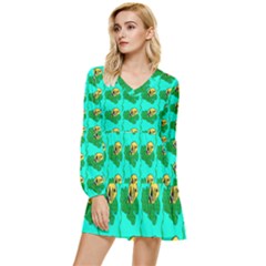 Racoon Butter And Mushroom Coral Tiered Long Sleeve Mini Dress by SeaworthyClothing