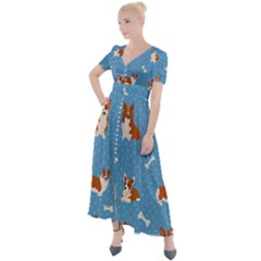 Cute Corgi Dogs Button Up Short Sleeve Maxi Dress by SychEva