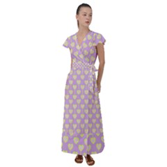 Yellow Hearts On A Light Purple Background Flutter Sleeve Maxi Dress by SychEva