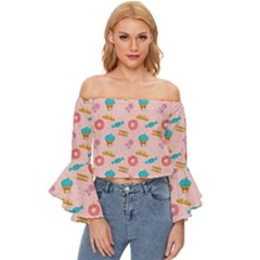 Funny Sweets With Teeth Off Shoulder Flutter Bell Sleeve Top by SychEva