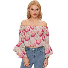 Pink And White Donuts Off Shoulder Flutter Bell Sleeve Top by SychEva