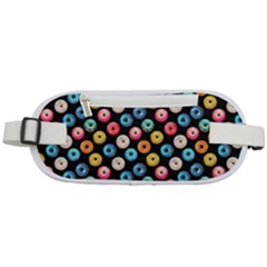 Multicolored Donuts On A Black Background Rounded Waist Pouch by SychEva