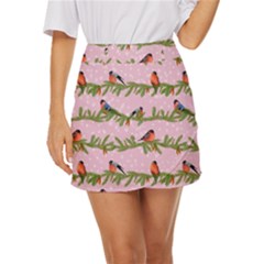 Bullfinches Sit On Branches On A Pink Background Mini Front Wrap Skirt by SychEva