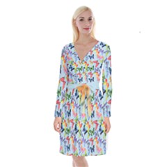 Watercolor Butterflies Long Sleeve Velvet Front Wrap Dress by SychEva