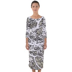 Linear Art Botanic Illustration Quarter Sleeve Midi Bodycon Dress by dflcprintsclothing