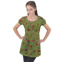 Red Cherries Athletes Puff Sleeve Tunic Top by SychEva