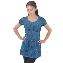 Red Cherries Athletes Puff Sleeve Tunic Top by SychEva