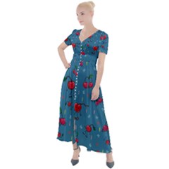 Red Cherries Athletes Button Up Short Sleeve Maxi Dress by SychEva