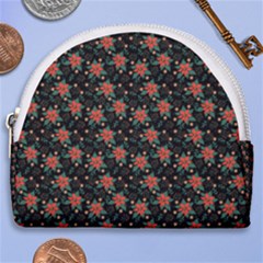 Medium Red Christmas Poinsettias On Black Horseshoe Style Canvas Pouch by PodArtist