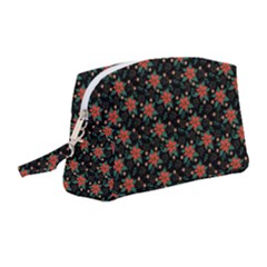 Medium Red Christmas Poinsettias On Black Wristlet Pouch Bag (medium) by PodArtist