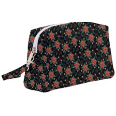 Medium Red Christmas Poinsettias On Black Wristlet Pouch Bag (large) by PodArtist