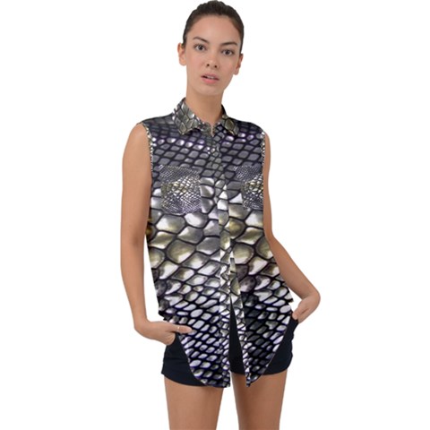 Snake Skin Sleeveless Chiffon Button Shirt by Sparkle