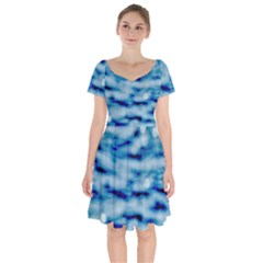 Blue Waves Abstract Series No5 Short Sleeve Bardot Dress by DimitriosArt