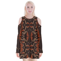 Floral Folk Damask Pattern Fantasy Flowers Floral Geometric Fantasy Velvet Long Sleeve Shoulder Cutout Dress by Eskimos