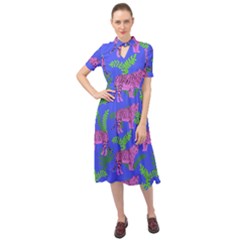 Pink Tigers On A Blue Background Keyhole Neckline Chiffon Dress by SychEva