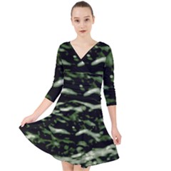 Green  Waves Abstract Series No5 Quarter Sleeve Front Wrap Dress by DimitriosArt