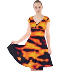 Orange Waves Abstract Series No2 Cap Sleeve Front Wrap Midi Dress by DimitriosArt