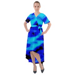 Blue Waves Abstract Series No13 Front Wrap High Low Dress by DimitriosArt