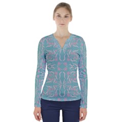 Floral Folk Damask Pattern  V-neck Long Sleeve Top by Eskimos