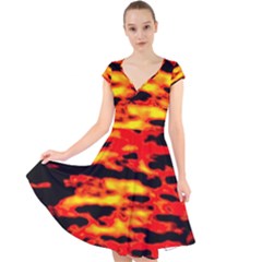 Red  Waves Abstract Series No17 Cap Sleeve Front Wrap Midi Dress by DimitriosArt