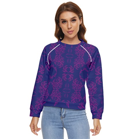 Floral Folk Damask Pattern Fantasy Flowers  Women s Long Sleeve Raglan Tee by Eskimos