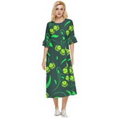 Folk Flowers Print Floral Pattern Ethnic Art Double Cuff Midi Dress by Eskimos