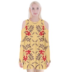 Floral Folk Damask Pattern Fantasy Flowers Floral Geometric Fantasy Velvet Long Sleeve Shoulder Cutout Dress by Eskimos