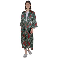 Floral Folk Damask Pattern Fantasy Flowers Floral Geometric Fantasy Maxi Satin Kimono by Eskimos