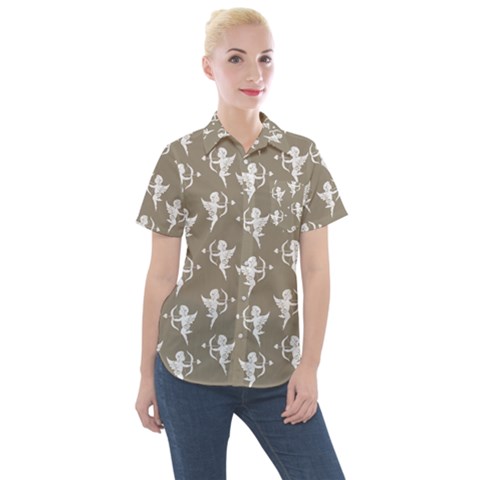 Cupid Pattern Women s Short Sleeve Pocket Shirt by Valentinaart