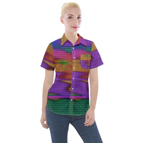 Puzzle Landscape In Beautiful Jigsaw Colors Women s Short Sleeve Pocket Shirt by pepitasart