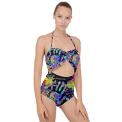 Crazy Multicolored Each Other Running Splashes Hand 1 Scallop Top Cut Out Swimsuit by EDDArt