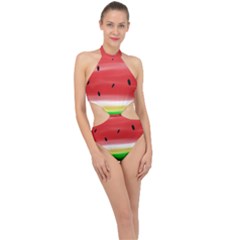 Painted Watermelon Pattern, Fruit Themed Apparel Halter Side Cut Swimsuit by Casemiro