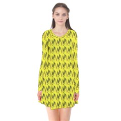 Fern Pattern 2 Yellow Long Sleeve V-neck Flare Dress by violetheavensky