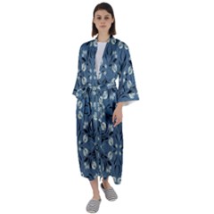 Folk Flowers Print Floral Pattern Ethnic Art Maxi Satin Kimono by Eskimos