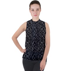 Pixel Grid Dark Black And White Pattern Mock Neck Chiffon Sleeveless Top by dflcprintsclothing