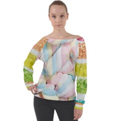 Rainbow-cake-layers Marshmallow-candy-texture Off Shoulder Long Sleeve Velour Top by jellybeansanddinosaurs