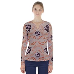 Folk Flowers Print Floral Pattern Ethnic Art V-neck Long Sleeve Top by Eskimos