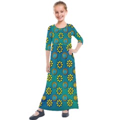 Yellow And Blue Proud Blooming Flowers Kids  Quarter Sleeve Maxi Dress by pepitasart