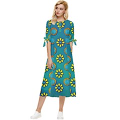 Yellow And Blue Proud Blooming Flowers Bow Sleeve Chiffon Midi Dress by pepitasart