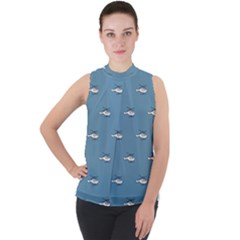 Cartoon Sketchy Helicopter Drawing Motif Pattern Mock Neck Chiffon Sleeveless Top by dflcprintsclothing